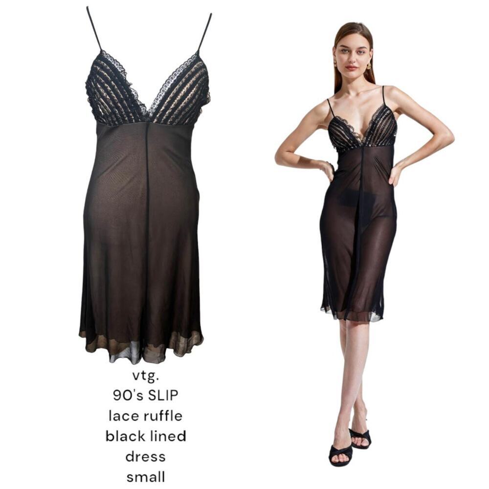 Vintage 90's lace trim lined‎ ruffle slip dress small. Made in U.S.A.